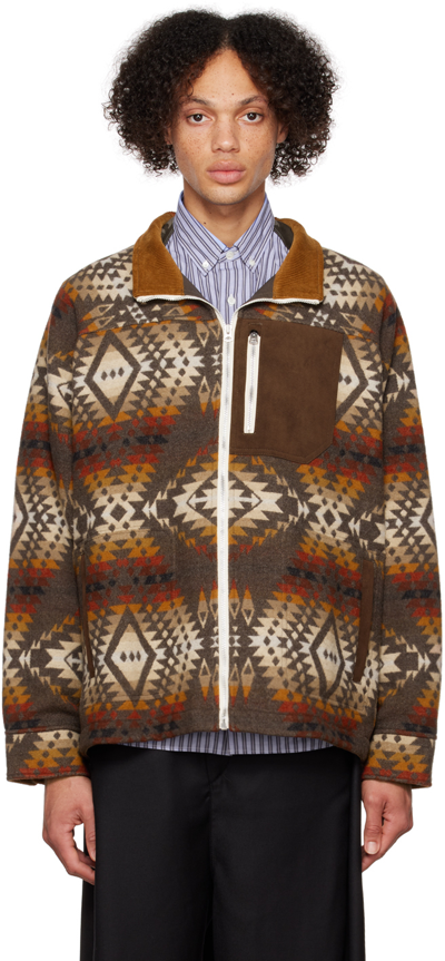 Junya Watanabe Abstract-print Wool Jacket In 1 Brn/bg/rd X Bg