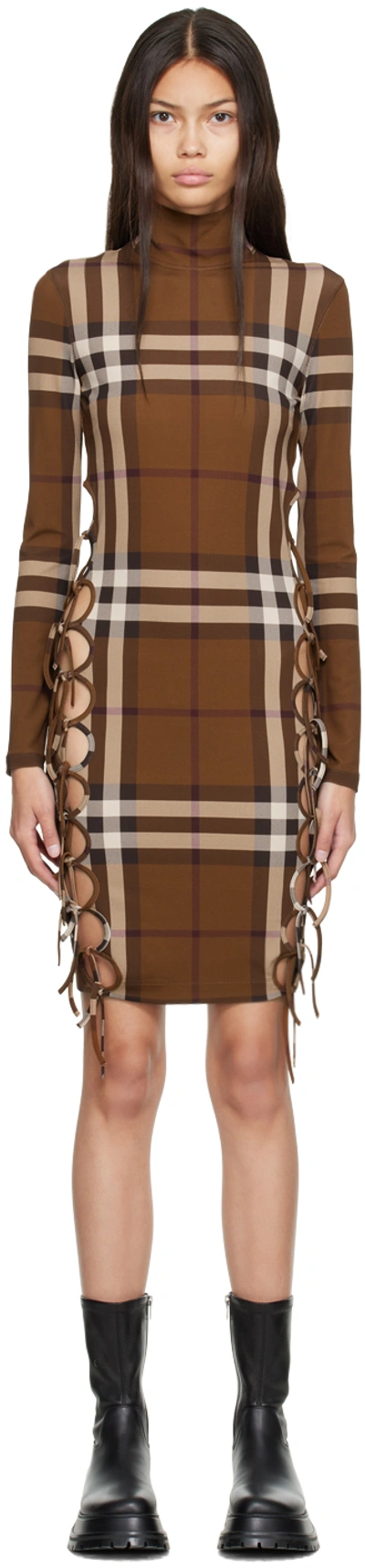 Shop Burberry Brown Licia Midi Dress In Dark Birch Brown Pat