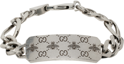 Shop Gucci Silver Gg & Bee Bracelet In 0728 Semi Shiny Silv