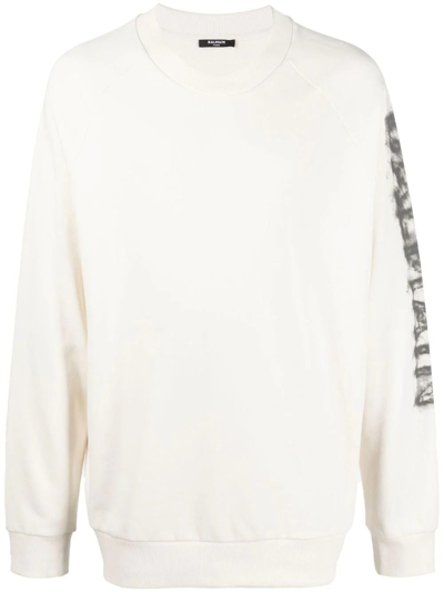 Shop Balmain White Crewneck Sweatshirt With Sleeve Print