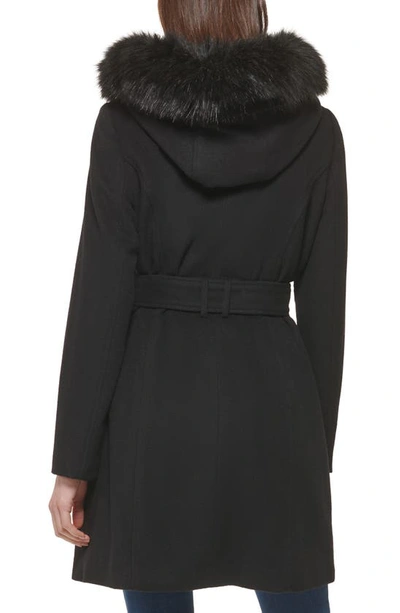Shop Cole Haan Signature Faux Fur Trim Wool Blend Jacket In Black