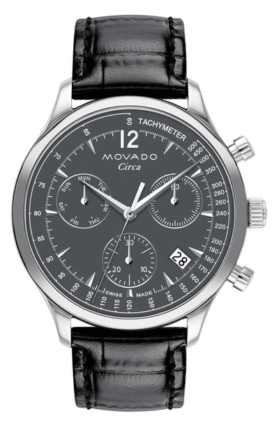 Shop Movado Circa Chronograph Leather Strap Watch, 43mm In Grey
