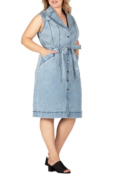 S And P Sleeveless Tie Waist Denim Dress In Bluestone