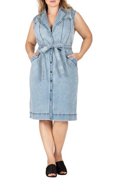 S And P Sleeveless Tie Waist Denim Dress In Bluestone