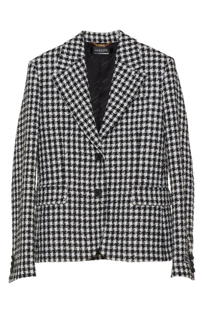 Shop Versace Check Single Breasted Virgin Wool Blend Tweed Blazer In Bianco Nero