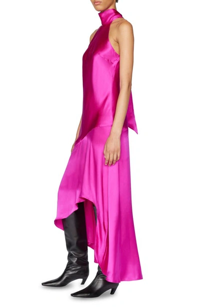 Shop Frame Draped Halter Neck Silk Midi Dress In Magenta