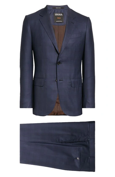 Zegna Prince Of Wales Plaid Centoventimila Wool Suit In Navy