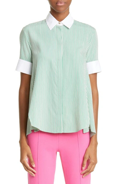 Shop Adam Lippes Stripe Trapeze Shirt In Kelly Green/ Ecru