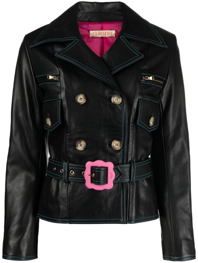 Shop Cormio Double-breasted Belted Leather Jacket In Black