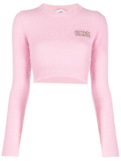 Shop Gcds Short Sweater With Crystal Logo In Pink & Purple