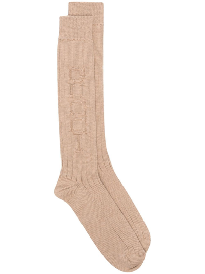Shop Gucci Logo Knitted Socks In Neutrals