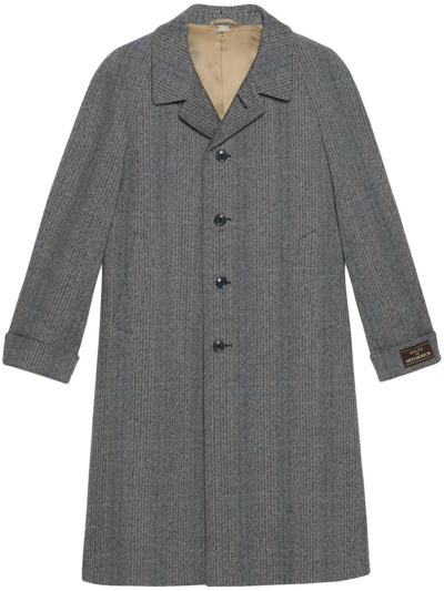 Gucci Long Houndstooth Wool Coat With Peaked Lapels In Gray