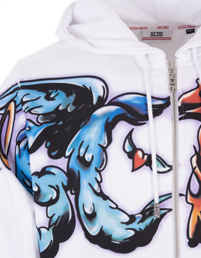 Shop Gcds Man White Zipped Hoodie With Multicolored  Maxi Graphic Print