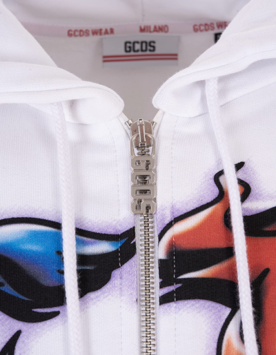 Shop Gcds Man White Zipped Hoodie With Multicolored  Maxi Graphic Print