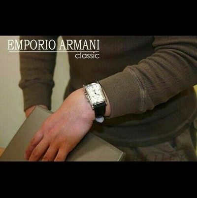 Pre-owned Emporio Armani Ar0284 Men Women Rectangle Watch Black Leather Strap Silver Dial