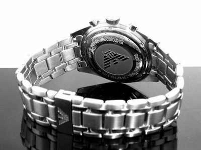 Pre-owned Emporio Armani Ar0508 Men Round Chrono Watch Silver Steel Bracelet Black Dial