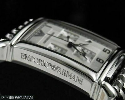 Pre-owned Emporio Armani Ar0294 Men Rectangle Chronograph Watch Steel Bracelet Silver Dial