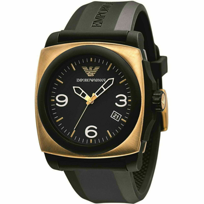Pre-owned Emporio Armani Ar5888 Men Square Gold Watch Black Silicone Strap Black Dial Date