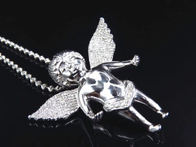 Pre-owned Jewelry Unlimited Genuine Diamond Chubby Angel Pendant Charm & Chain 0.75 Ct In White Gold Plated