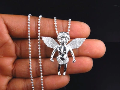 Pre-owned Jewelry Unlimited Genuine Diamond Chubby Angel Pendant Charm & Chain 0.75 Ct In White Gold Plated