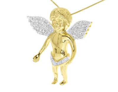 Pre-owned Jewelry Unlimited Yellow Gold Plated Round Pave Diamond 3d Angel Cherub 1.5" Pendant Charm 0.75ct In H-i