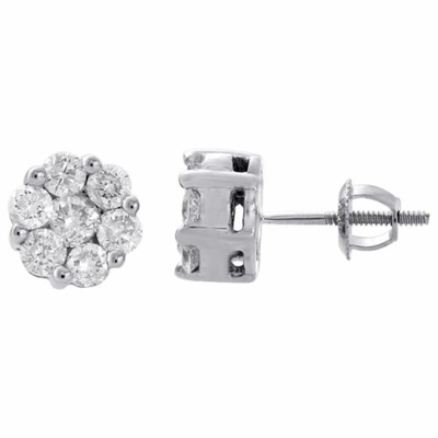 Pre-owned Jfl Diamonds & Timepieces 14k White Gold Genuine Diamond Flower Studs Prong Set Mini 7.55mm Earrings 1 Ct.