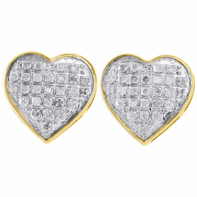 Pre-owned Jfl Diamonds & Timepieces 10k Yellow Gold Diamond Heart Studs Ladies 11.30mm Earrings Pave Set 0.17 Ct In White