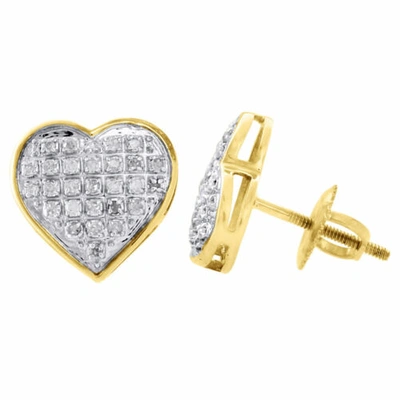 Pre-owned Jfl Diamonds & Timepieces 10k Yellow Gold Diamond Heart Studs Ladies 11.30mm Earrings Pave Set 0.17 Ct In White