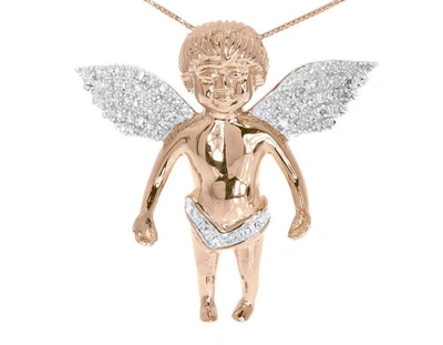 Pre-owned Jewelry Unlimited Rose Gold Plated Round Pave Diamond 3d Angel Cherub 1.5" Pendant Charm 0.75ct In H-i