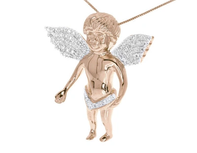 Pre-owned Jewelry Unlimited Rose Gold Plated Round Pave Diamond 3d Angel Cherub 1.5" Pendant Charm 0.75ct In H-i