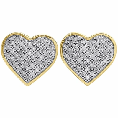 Pre-owned Jfl Diamonds & Timepieces 10k Yellow Gold Genuine Pave Diamond Heart Studs Ladies 11mm Earrings 0.25 Ct. In White