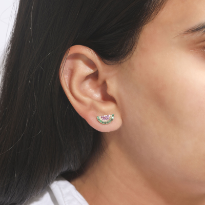 Pre-owned Irisha Designs 14k Gold Genuine Emerald And Pink Sapphire Melon Studs In Yellow