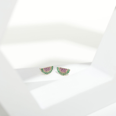 Pre-owned Irisha Designs 14k Gold Genuine Emerald And Pink Sapphire Melon Studs In Yellow
