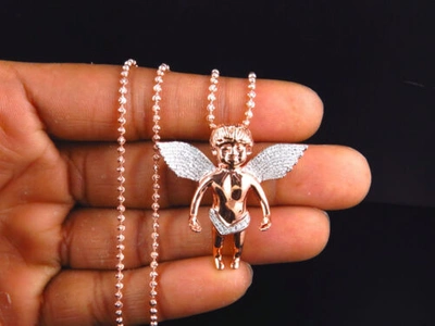 Pre-owned Jewelry Unlimited Genuine Diamond Chubby Angel Pendant Charm & Chain 0.75 Ct In Rose Gold Plated In H-i