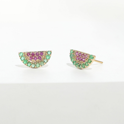 Pre-owned Irisha Designs 14k Gold Genuine Emerald And Pink Sapphire Melon Studs In Yellow
