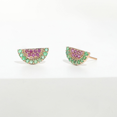Pre-owned Irisha Designs 14k Gold Genuine Emerald And Pink Sapphire Melon Studs In Yellow