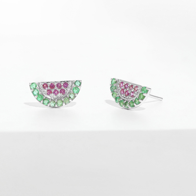 Pre-owned Irisha Designs 14k Gold Genuine Emerald And Pink Sapphire Melon Studs In Yellow
