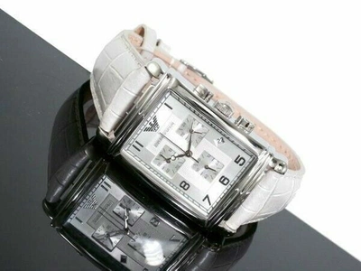 Pre-owned Emporio Armani Ar0295 Men Women Rectangle Chrono Watch White Leather Silver Dial