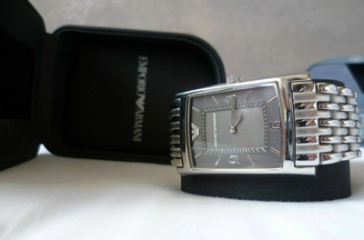 Pre-owned Emporio Armani Ar0149 Men Women Square Watch Silver Steel Bracelet Black Dial