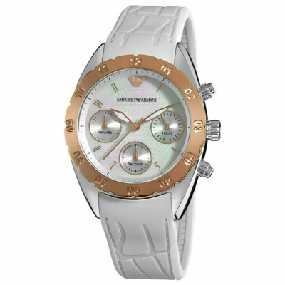 Pre-owned Emporio Armani Ar5938 Women Round Gold Watch White Silicone Strap Pearl Dial