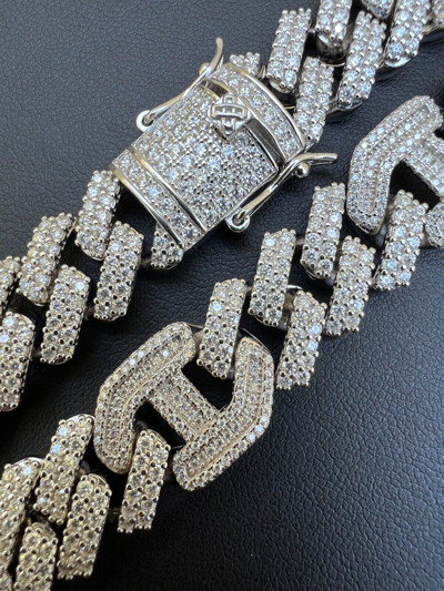 Pre-owned Harlembling Vvs Moissanite Solid 925 Silver Mens 15mm Figarucci Gucci Link Prong Cuban Chain In White/colorless