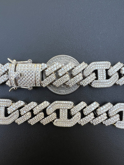 Pre-owned Harlembling Vvs Moissanite Solid 925 Silver Mens 15mm Figarucci Gucci Link Prong Cuban Chain In White/colorless
