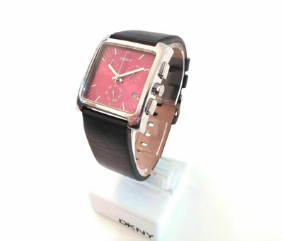 Pre-owned Dkny Ny1088 Men's Women's Square Steel Watch Black Leather Wine Red Dial + Date