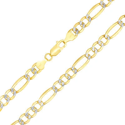 Pre-owned Nuragold 10k Yellow Gold Mens 7mm Diamond Cut White Pave Italian Figaro Chain Bracelet 9"