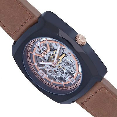 Pre-owned Heritor Automatic Gatling Skeletonized Leather-band Watch - Black/light Brown