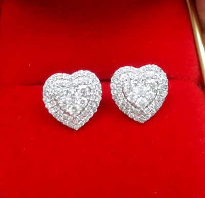 Pre-owned Handmade 1.00 Ct Genuine Diamond Heart Halo Studs Earrings 14k White Gold 10mm