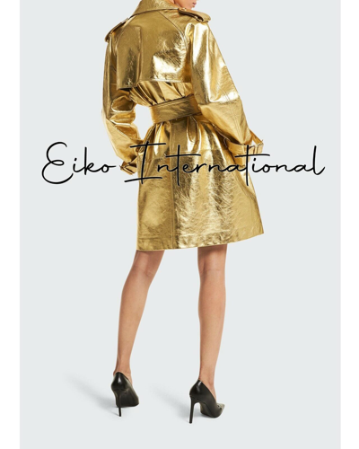 Pre-owned International Women Genuine Cowhide Trench Coat Metallic Gold Real Leather Long Jacket