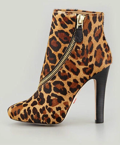 Pre-owned Diane Von Furstenberg Animal Cady Camel Leopard Calf Fur Zip Trim Ankle Boot In Brown