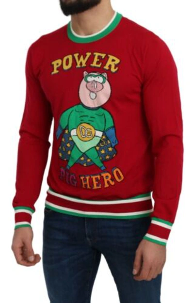 Pre-owned Dolce & Gabbana Dolce&gabbana Men Red Pullover Wool Blend Super Pig Embroidery Thermal Sweater