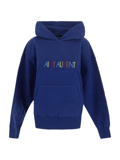 Shop Saint Laurent Embroidered Logo Hoodie In Blue